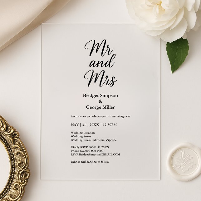 Schwarz transparent mr und mrs Elegant Wedding Acryleinladungen (Von Creator hochgeladen)
