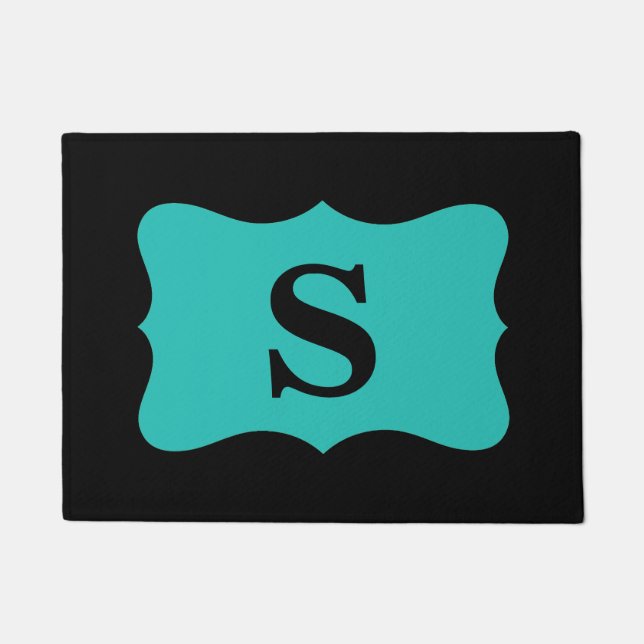 Schwarz Türkis Aquamarin Blue Monogram Initial Cus Fußmatte (Vorderseite)