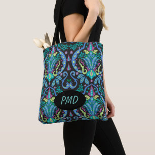 Schwarz Türkis Aquamarines Damask Floral Monogram