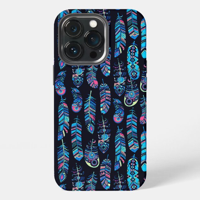 Schwarz-Türkis-Feder-Muster  iPhone Hülle (Hinten)