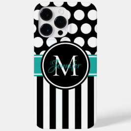 Schwarz-Türkis-Weißstreifen-Polka-Dot-Monogramm Case-Mate iPhone 14 Pro Max Hülle