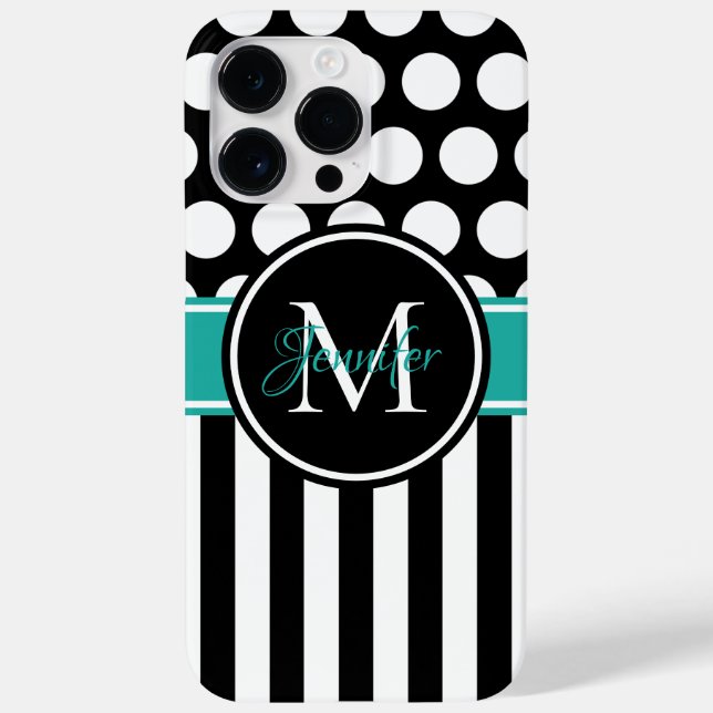 Schwarz-Türkis-Weißstreifen-Polka-Dot-Monogramm Case-Mate iPhone Hülle (Rückseite)