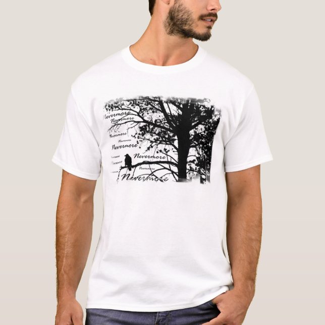Schwarz u. Weiß Raven Nevermore Silhouette-Baum T-Shirt (Vorderseite)