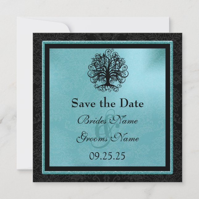 Schwarz und Aqua Swirl Liebe Tree Wedding Rett The Save The Date (Vorderseite)
