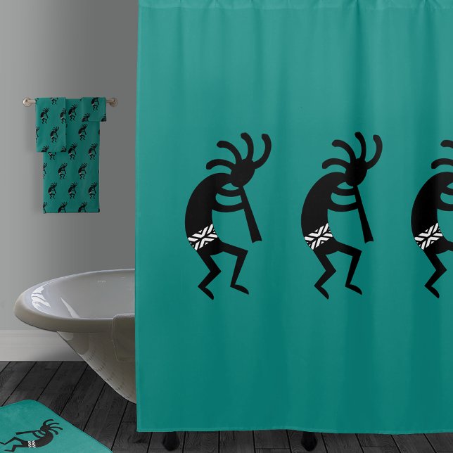 Schwarz und Aquamarines Kokopelli Südwestdesign Duschvorhang (Von Creator hochgeladen)