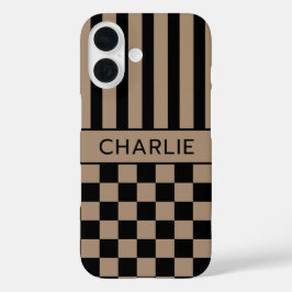 Schwarz und Beige Kariert Gestreift Personalisiert iPhone 16 Hülle