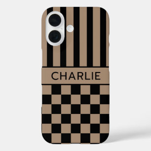 Schwarz und Beige Kariert Gestreift Personalisiert iPhone 16 Hülle