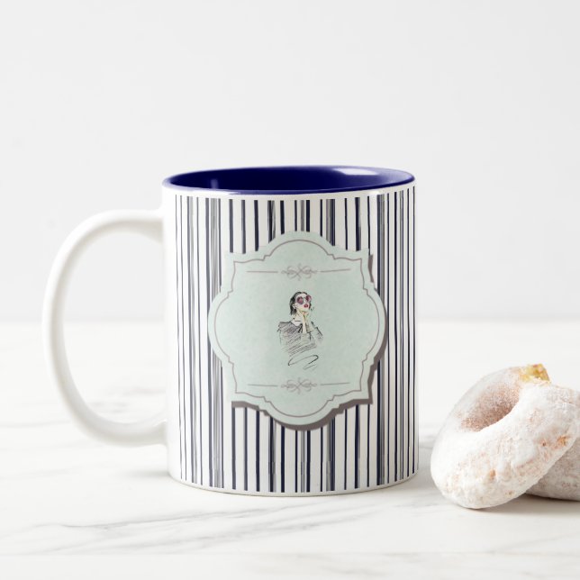 Schwarz und Blau Niedlich Girl Beauty Stripe Zweifarbige Tasse (Mit Donut)