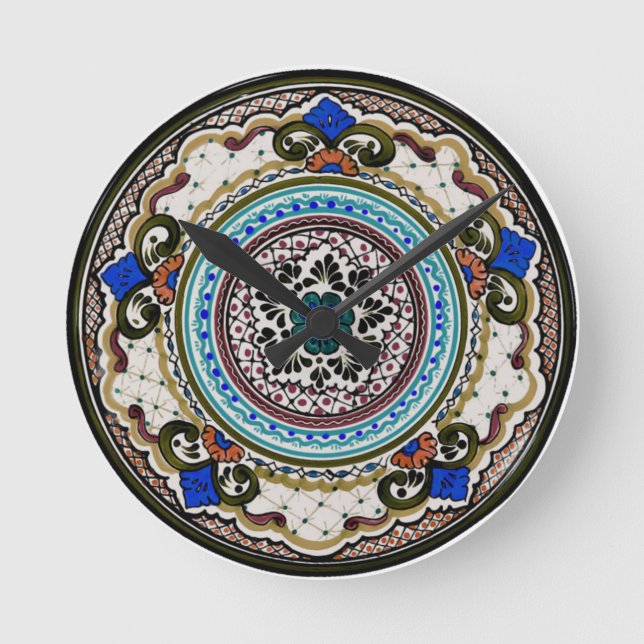 Schwarz und Blau Talavera Plate Runde Wanduhr (Vorderseite)