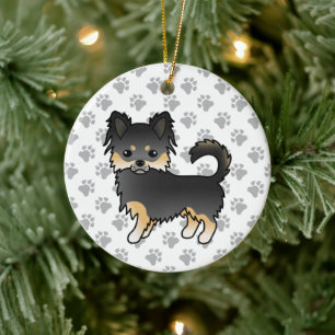 Schwarz und Braun Langhaar Chihuahua Süßer Hund & Keramik Ornament