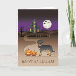 Schwarz und Braun Rottweiler Halloween Spukhaus Karte