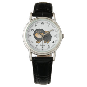 Schwarz und Brauner Pomeranian Süßer Cartoon-Hund Armbanduhr