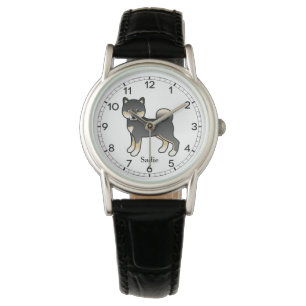 Schwarz und brauner Shiba Inu Cartoon-Hund & Name Armbanduhr