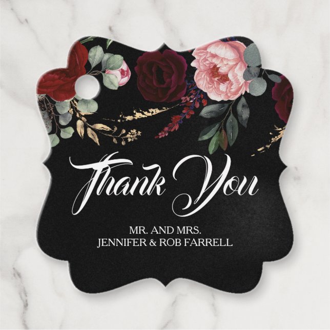 Schwarz und Burgund Rote Flora Moderne Hochzeit Geschenkanhänger (Vorderseite)