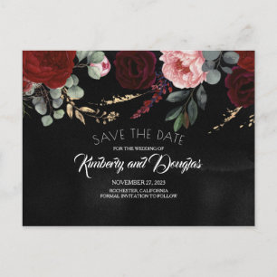 Schwarz und Burgund - Rote Flora Save the Date Ankündigungspostkarte