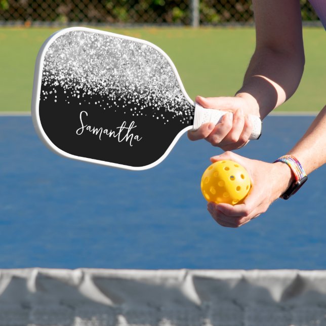 Schwarz und Glittery Silver Glam Script Name Pickleball Schläger (InSitu)