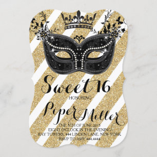 Schwarz und Glitzer Gold Masquerade Sweet 16 Einladung