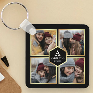 Schwarz und Gold 4 Bilder Familienfoto-Collage Schlüsselanhänger