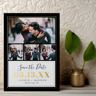 Schwarz und Gold 4 Foto Save the Date Echt Folieneinladung