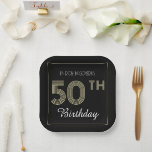 Schwarz und Gold 50. Geburtstag Retro Stripe Print Pappteller