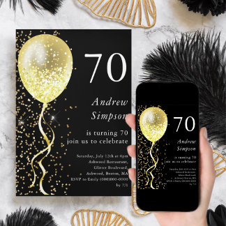Schwarz und Gold | 70. Glitzer Ballon Geburtstag Einladung