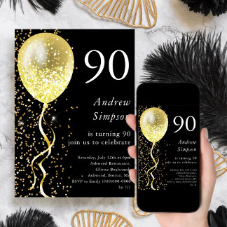 Schwarz und Gold | 90. Glitzer Ballon Geburtstag Einladung