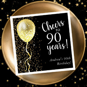 Schwarz und Gold   90. Glitzer Ballon Geburtstag Serviette