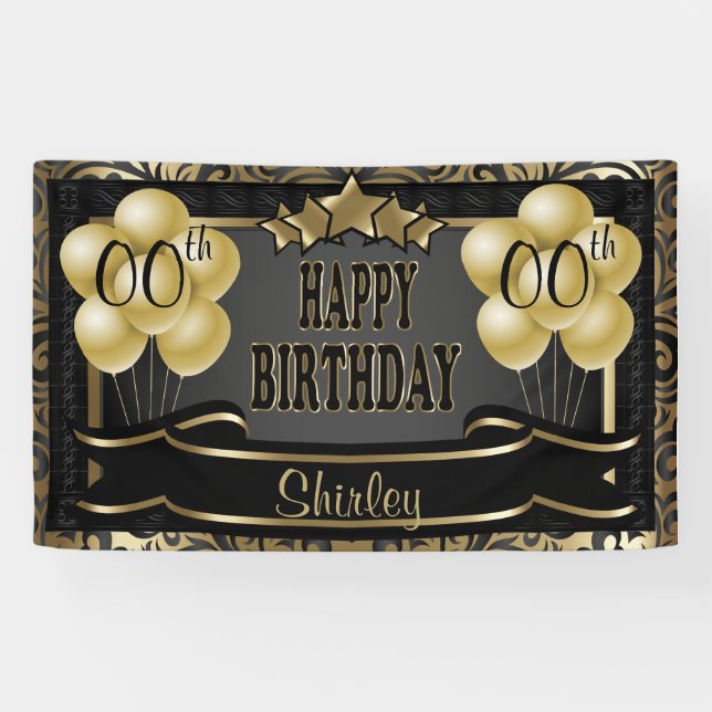 Schwarz und Gold Abstrakt Happy 00. Geburtstag Banner (Horizontal)
