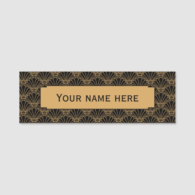 Schwarz und Gold Art Deco Fan Blume Motif Namensschild (Vorderseite)