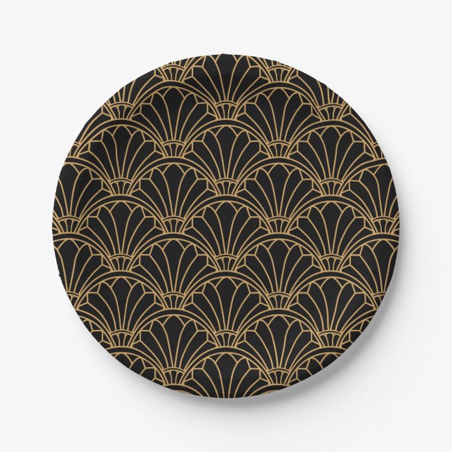 Schwarz und Gold Art Deco Fan Blume Motif Pappteller (Vorderseite)