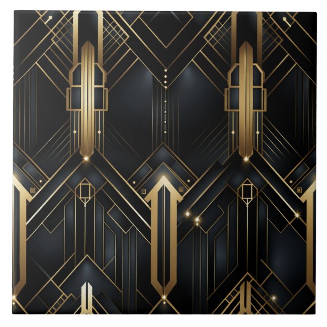 Schwarz und Gold Art Deco, geometrischer Spaß Fliese (Vorderseite)