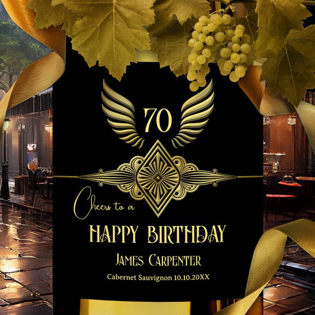 Schwarz und Gold Art Deco Happy Birthday Weinetikett (Retro art deco style unique  birthday wine label in classic black and gold)