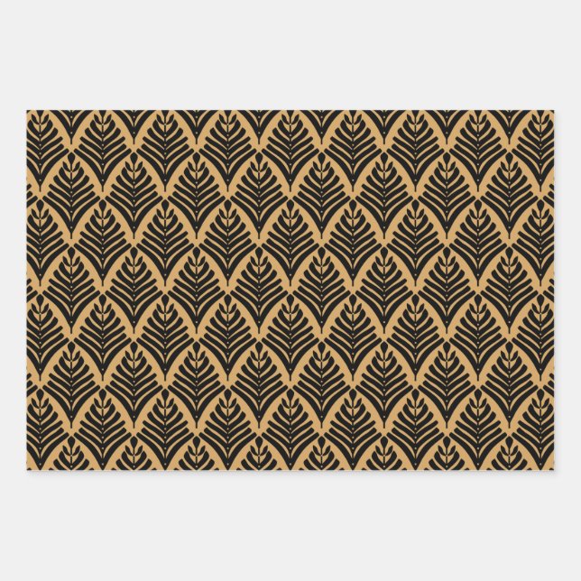 Schwarz und Gold Art Deco Lüftermuster Blume Geschenkpapier Set (Vorderseite)