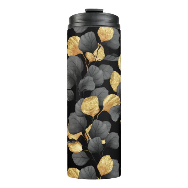Schwarz und Gold Blätter. Muster Thermosbecher (Vorderseite)