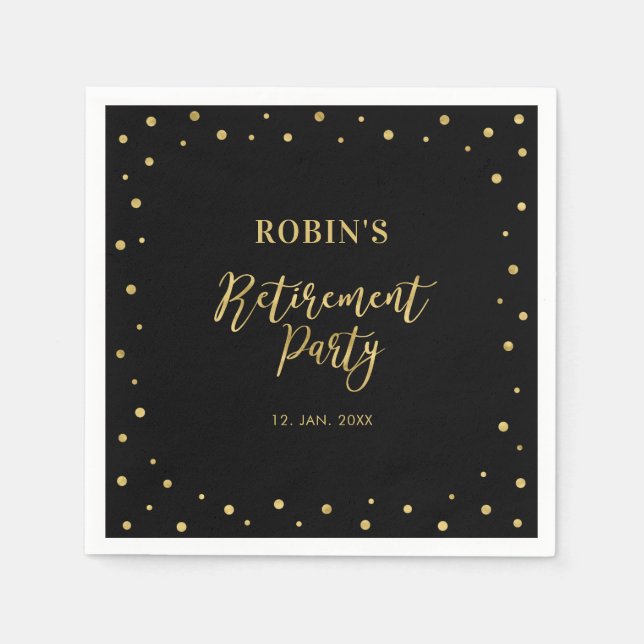 Schwarz und Gold | Chic Confetti Retirement Party Serviette (Vorderseite)