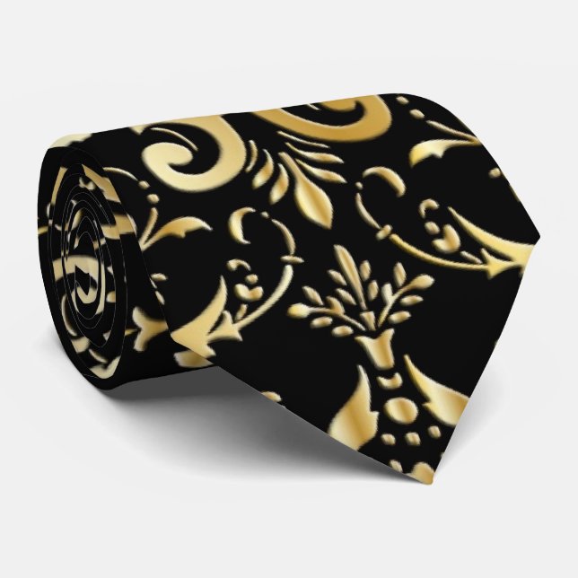 Schwarz und Gold Damask Muster Neck Tie Krawatte (Gerollt)