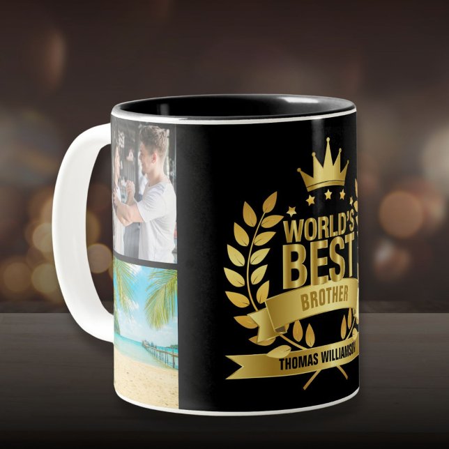 Schwarz und Gold - das beste Brother-Foto der Welt Zweifarbige Tasse (World's Best Brother Photo Collage Black and Gold Two-Tone Coffee Mug)