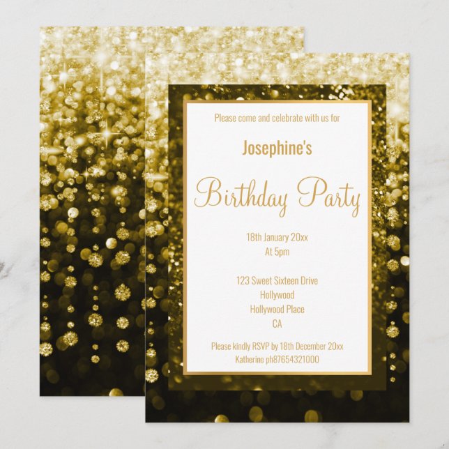 SCHWARZ- UND GOLD-DIAMONDS GEBURTSTAG EINLADUNG (Vorne/Hinten)