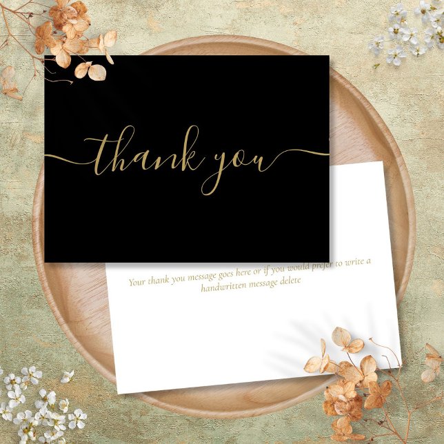 Schwarz und Gold Einfache moderne, elegante Schrif Dankeskarte (Black And Gold Simple Modern Elegant Script Thank You Card)