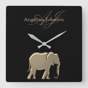 Schwarz und Gold Elefant Monogramm Quadratische Wanduhr