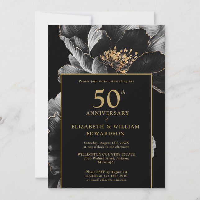 Schwarz und Gold Elegant Blumen 50 Jahre alt Einladung (Vorderseite)
