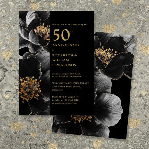 Schwarz und Gold Elegant Blumen 50 Jahre alt Einladung