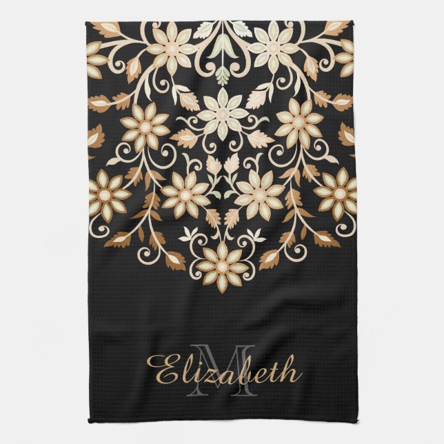 Schwarz und Gold Elegant Blumen Geschirrtuch (Vertikal)