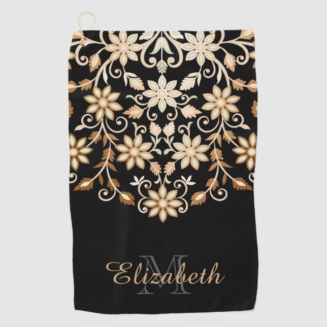 Schwarz und Gold Elegant Blumen Golfhandtuch (Vorderseite)