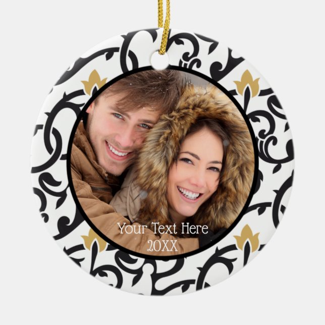 Schwarz und Gold Elegant Vintag zwei Foto zweiseit Keramikornament (Vorne)