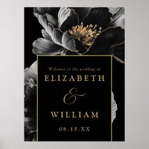 Schwarz und Gold Elegante Blumenhochzeit Begrüßung Poster