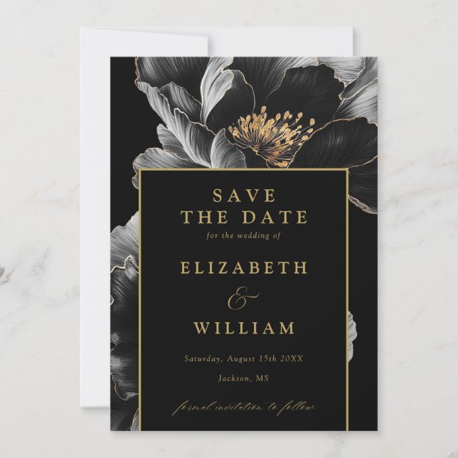 Schwarz und Gold Elegante Chic Floral Wedding Save The Date (Vorderseite)