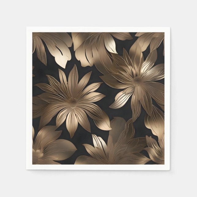 Schwarz und Gold Elegante Moderne Blumen Serviette (Vorderseite)
