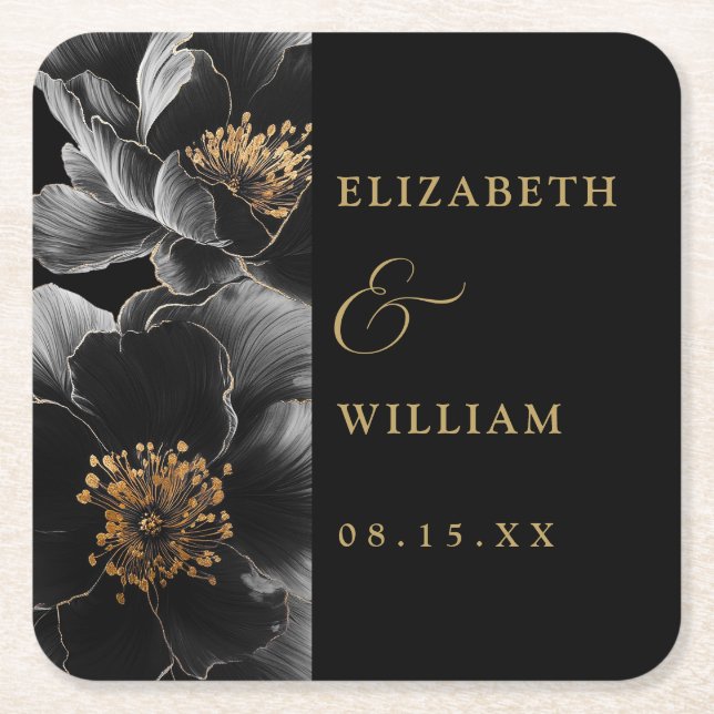 Schwarz und Gold Elegante Moderne Blumenhochzeit Rechteckiger Pappuntersetzer (Vorderseite)