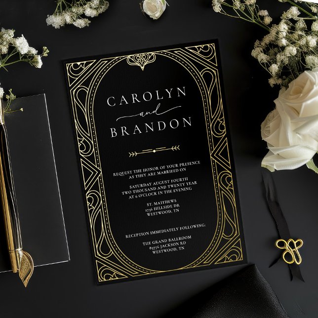 Schwarz und Gold Elegante Verzierte Hochzeitseinla Folieneinladung (Black and real gold foil art deco 1920's style wedding invitation)